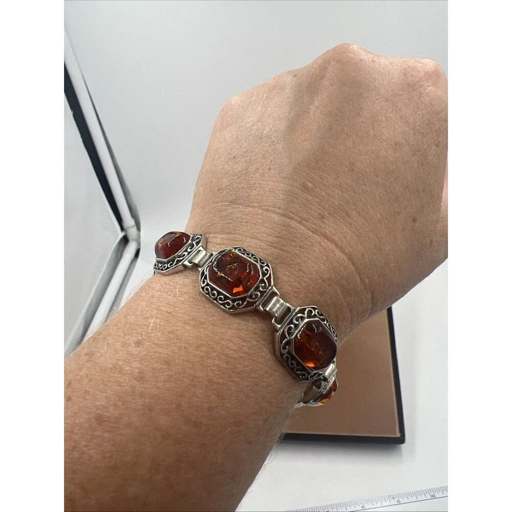 Vintage Bohemian Style Sterling Silver Amber Cabochon Link Bracelet